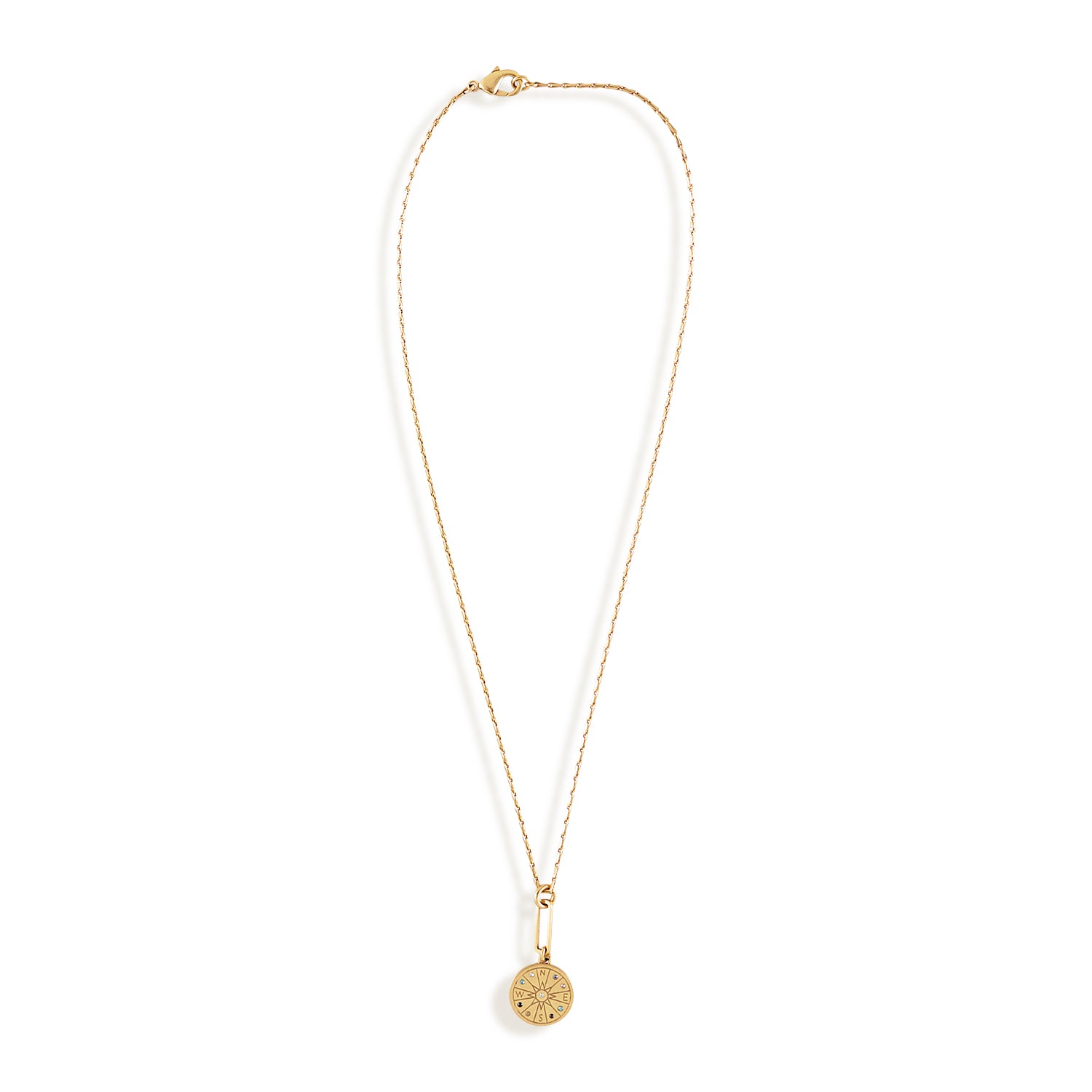 Gold Compass Charm with Multi-Colored Crystals on Chain on Flat White Background