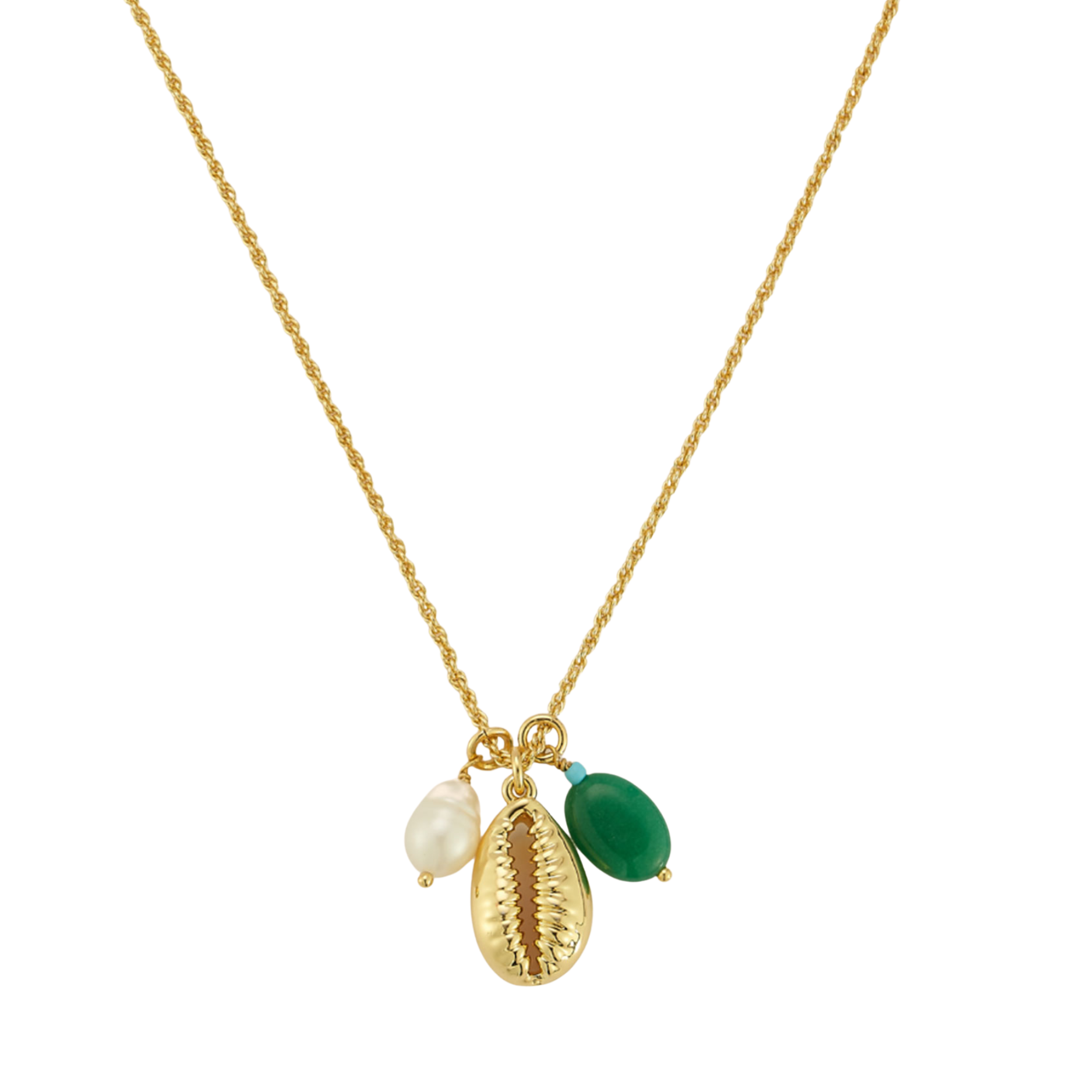 Freshwater Pearl, Gold Cowrie Shell, and Green Stone Pendant Charm Necklace on Flat White Background