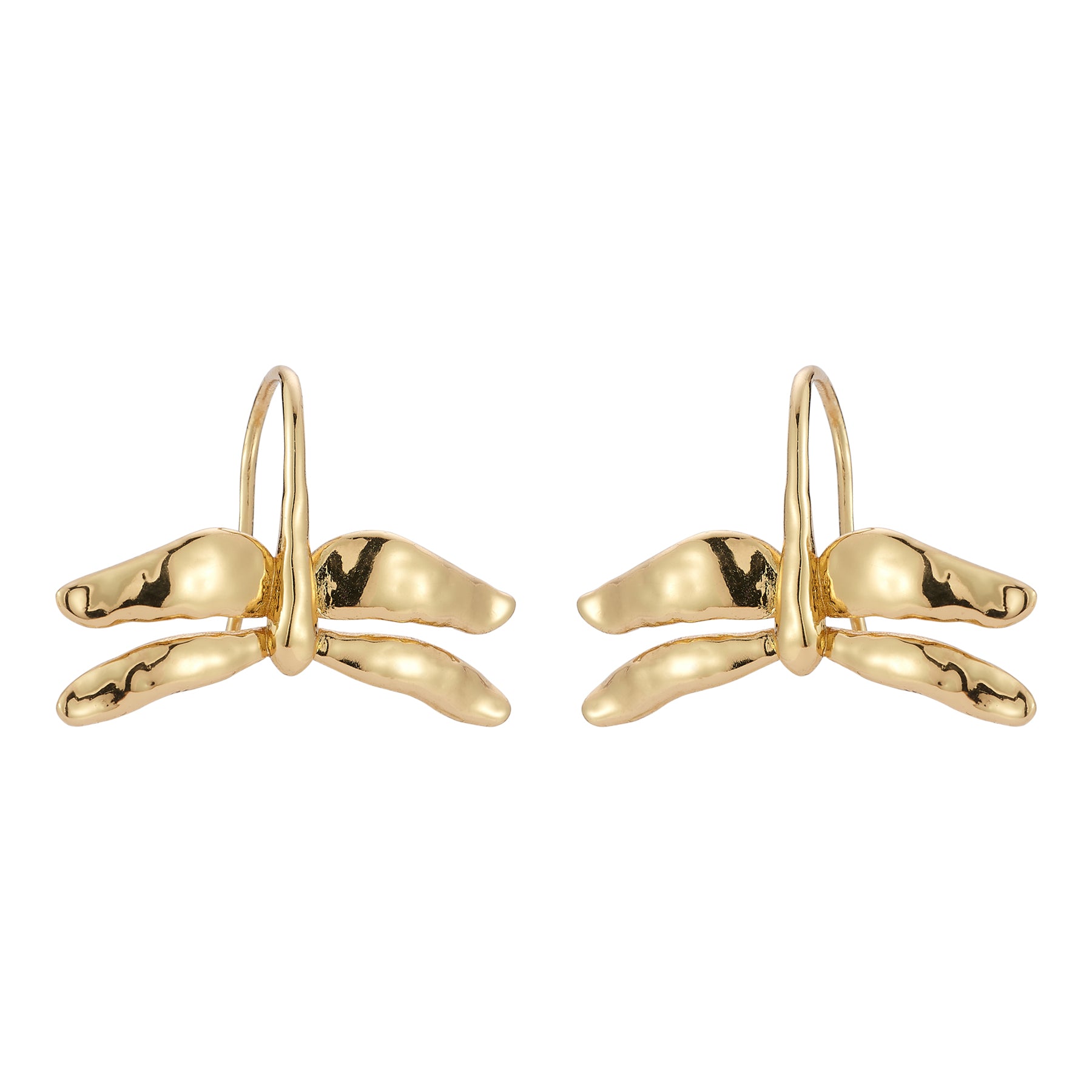 Gold drop earrings with dragonfly-like designs on a white background