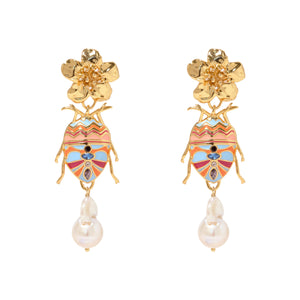 Pearl Gold and Enamel Dangle Scarab Drop Earrings on Flat White Background