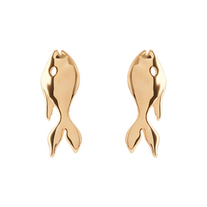 Gold Fish Stud Earrings On White Background
