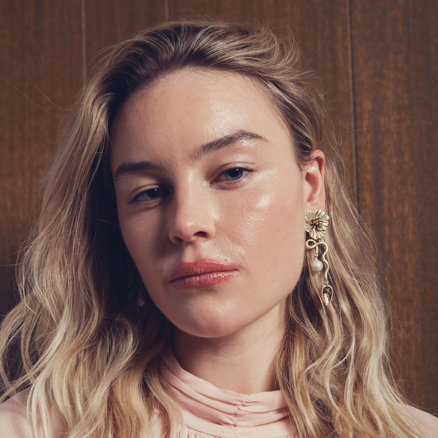 Antiqued Gold, Pearl, and Crystal Flower Drop Earrings Styled on Model