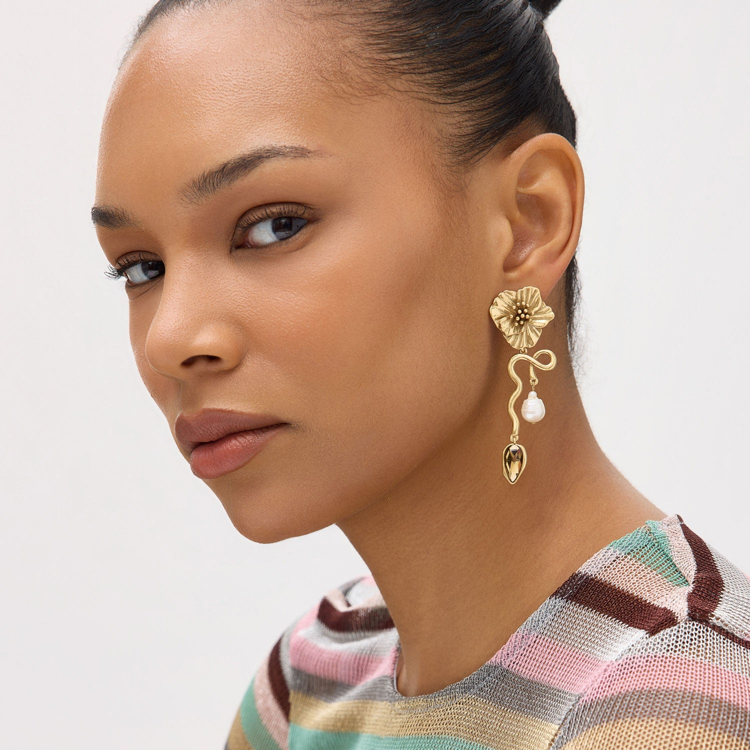 Antiqued Gold, Pearl, and Crystal Flower Drop Earrings Styled on Model