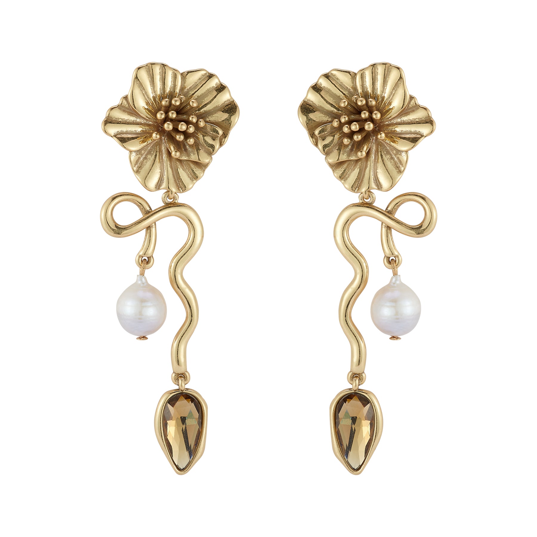 Antiqued Gold, Pearl, and Crystal Flower Drop Earrings on Flat White Background