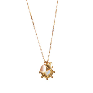 Gold, Pearl, and Crystal Charm Pendant Necklace on Flat White Background