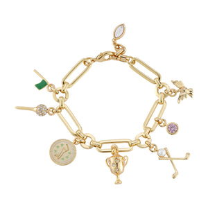 Gold bracelet with various golf charms on a white background