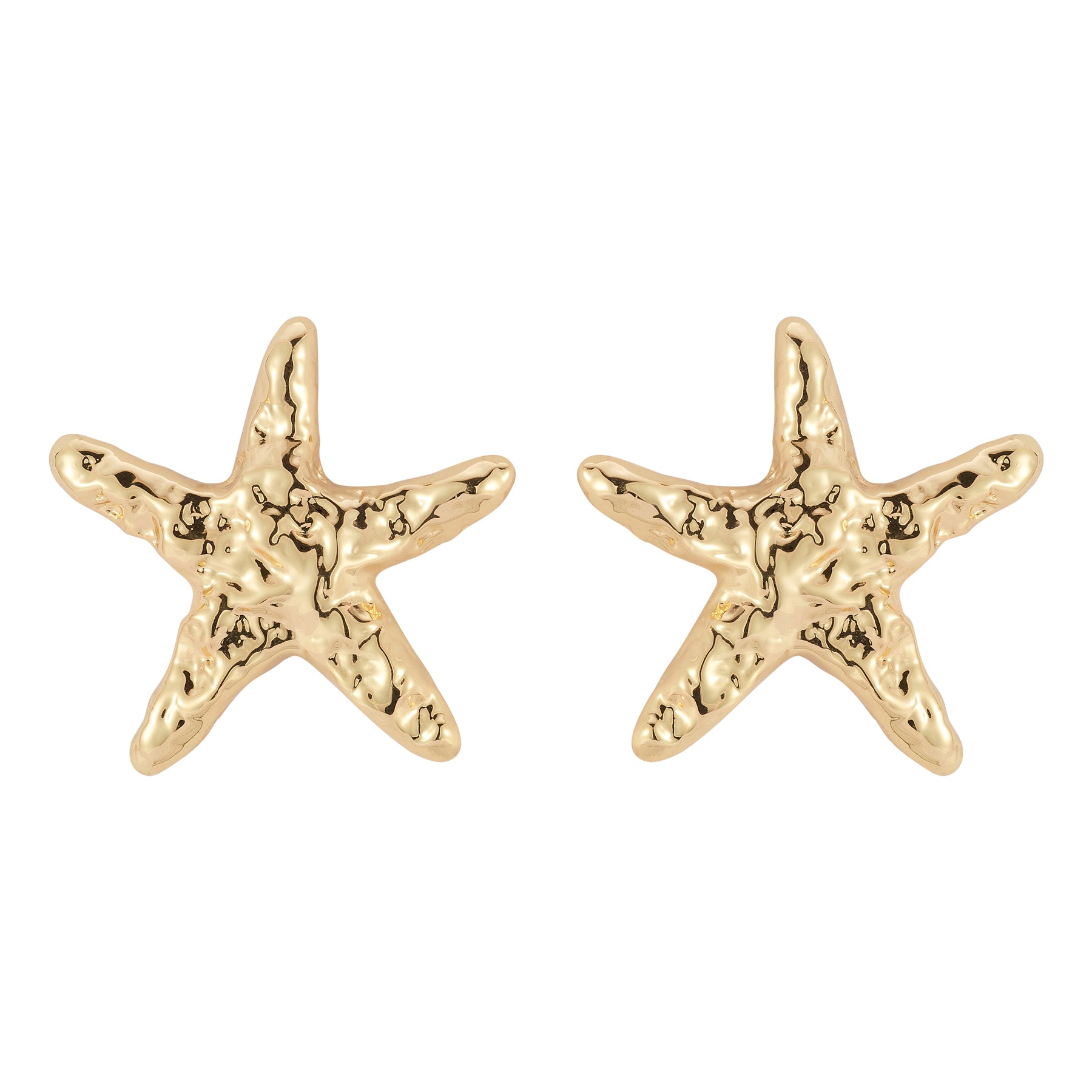 Hammered Gold Star Fish Stud Earrings on Flat White Background