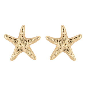 Hammered Gold Star Fish Stud Earrings on Flat White Background