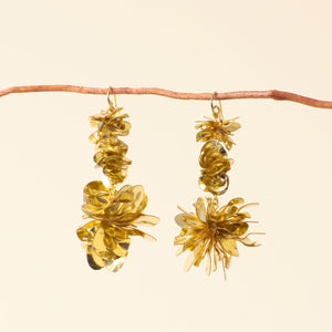 Gold Sequin Triple Drop Earrings Staged on Branch on Tan Background