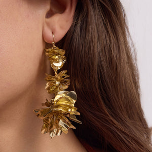 Gold Sequin Triple Drop Earrings Styled on Model's Ear