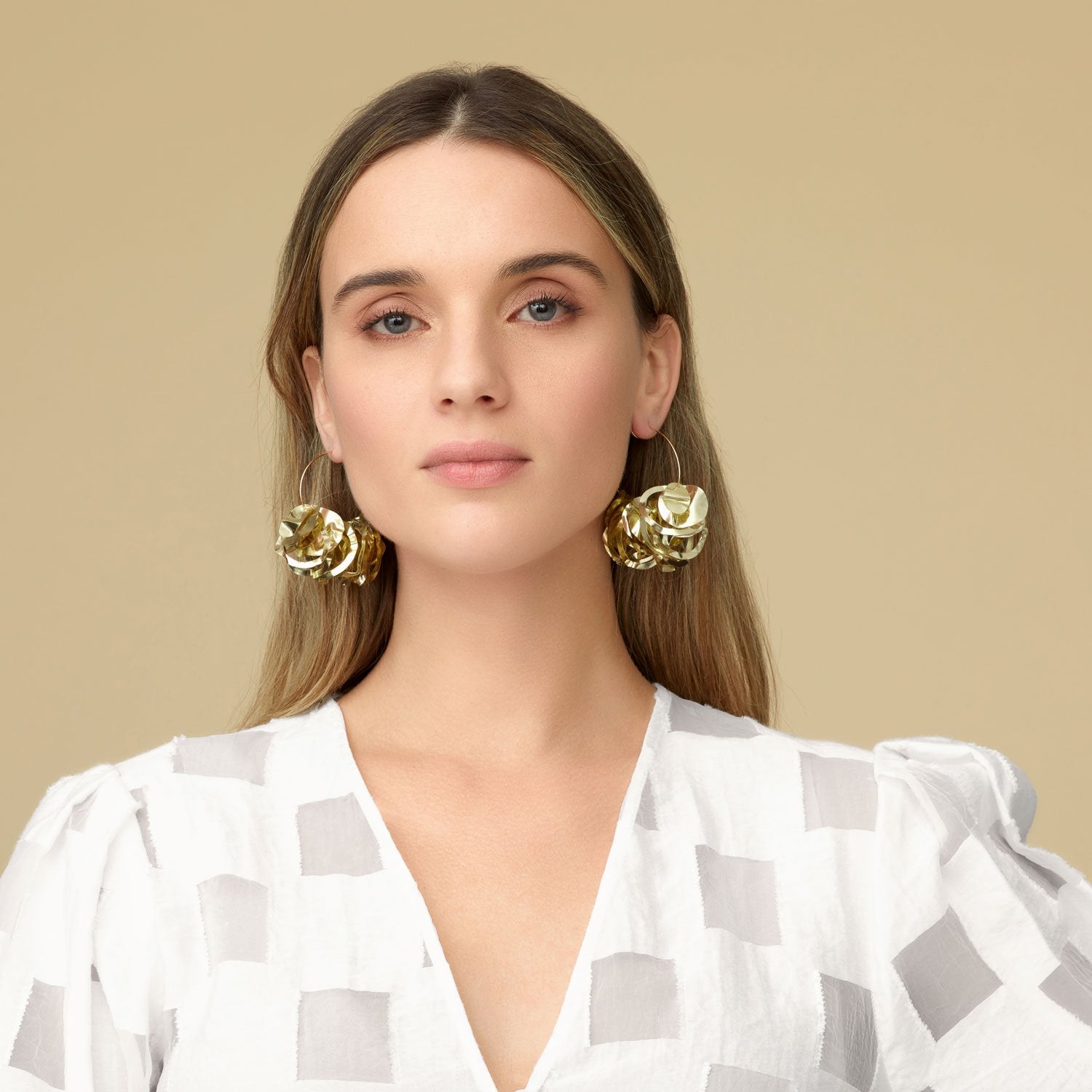 Gold Sequin Cluster Hoops Styled on Model