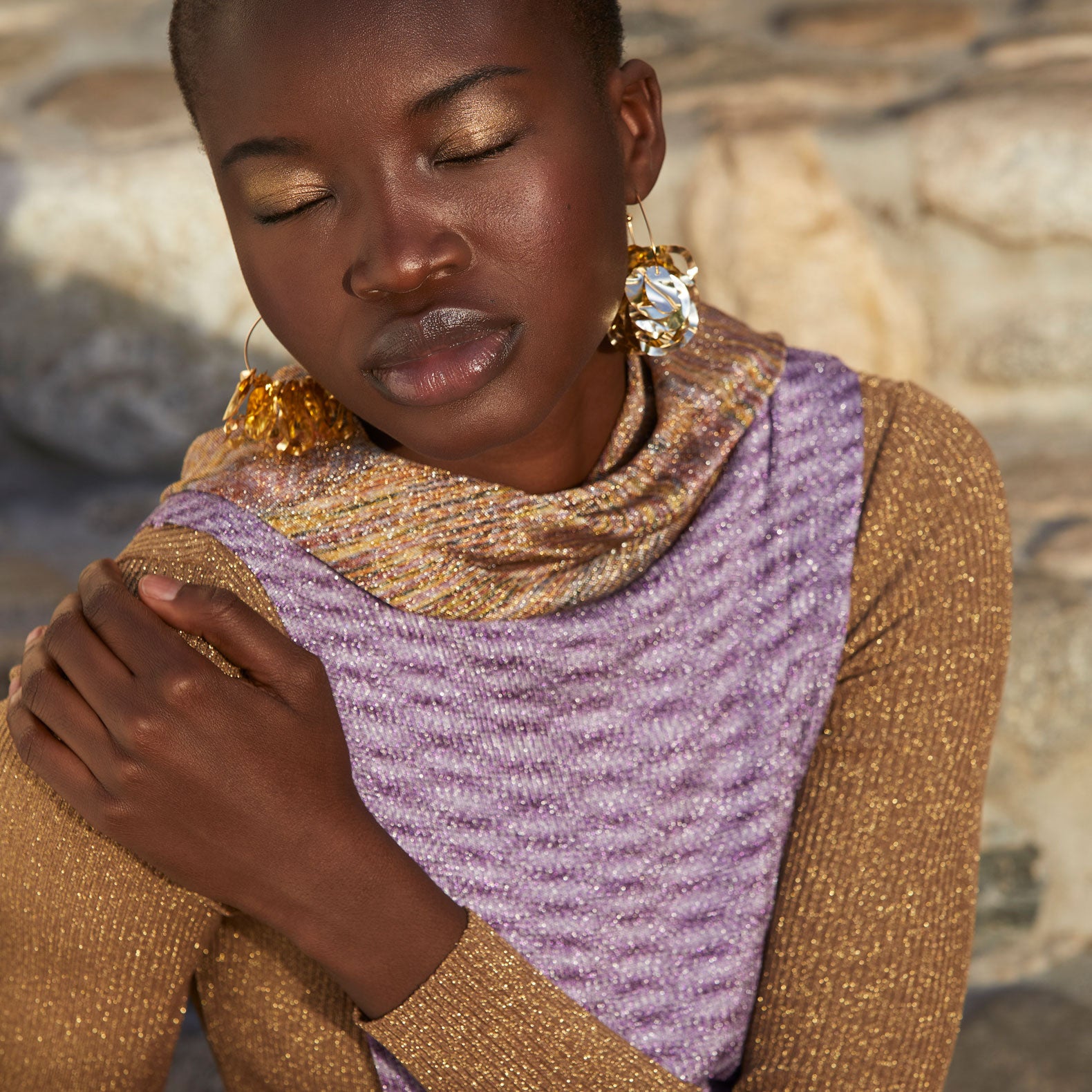 Gold Sequin Cluster Hoops Styled on Model