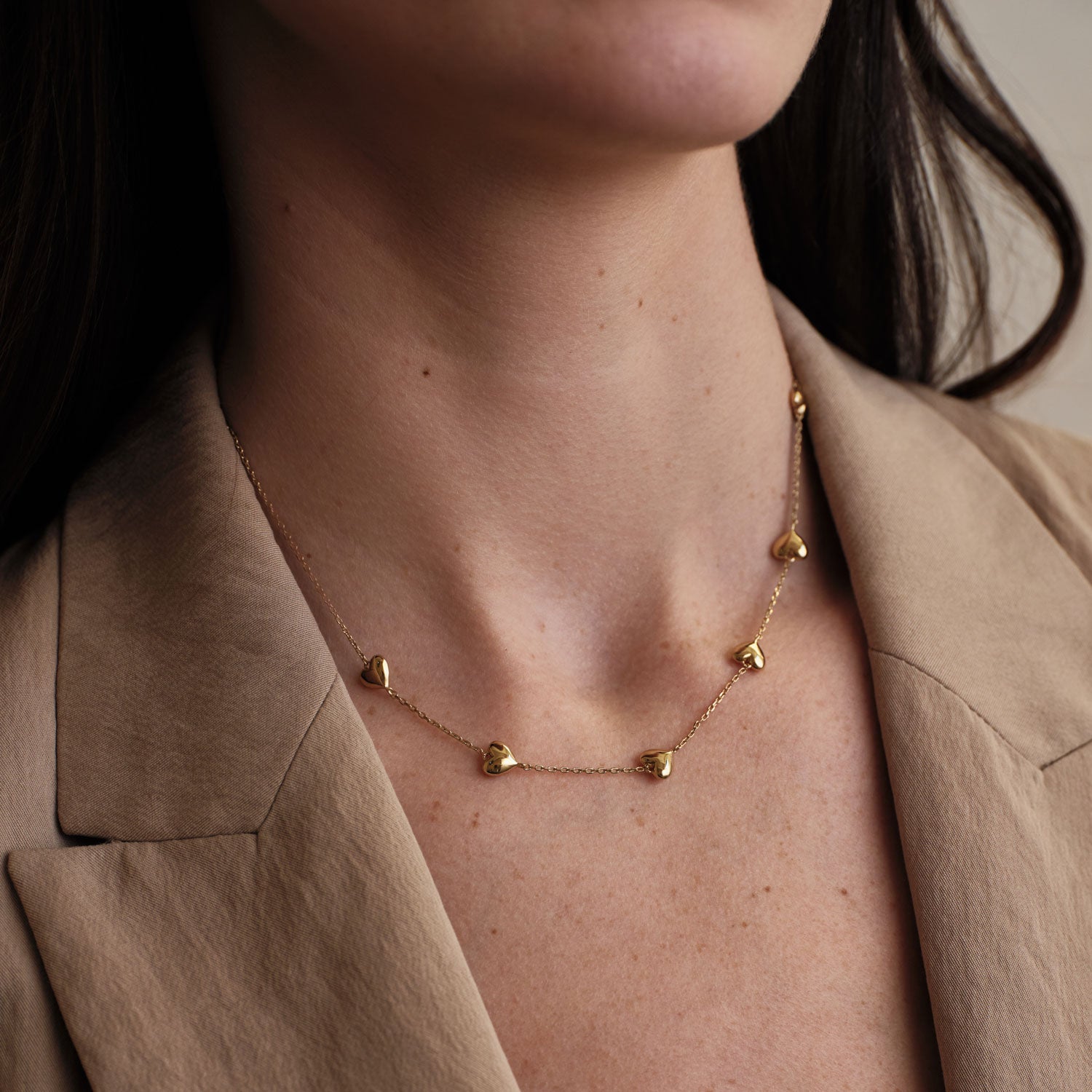 Gold Puffy Heart Chain Necklace Styled on Model
