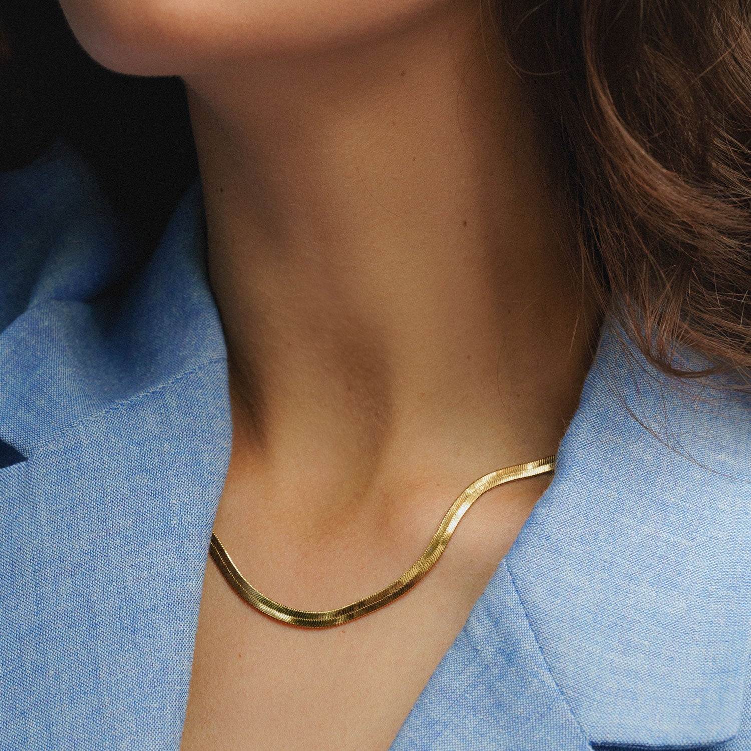 Gold Herringbone Necklace Styled on Model