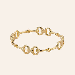 Gold Horse Bit Chain Bracelet on Tan Background