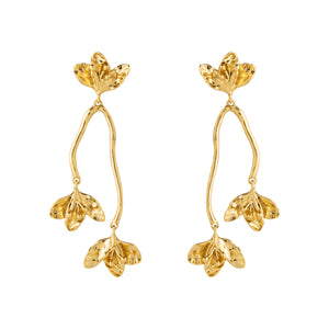 Gold Flower Drop Earrings on White Background