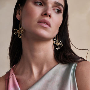 Gold Organic Flower Drop Earrings Styled on Model