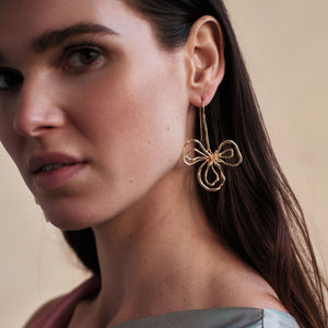 Gold Organic Flower Drop Earrings Styled on Model