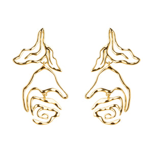 Gold Organic Shaped Flower Earrings on Flat White Background