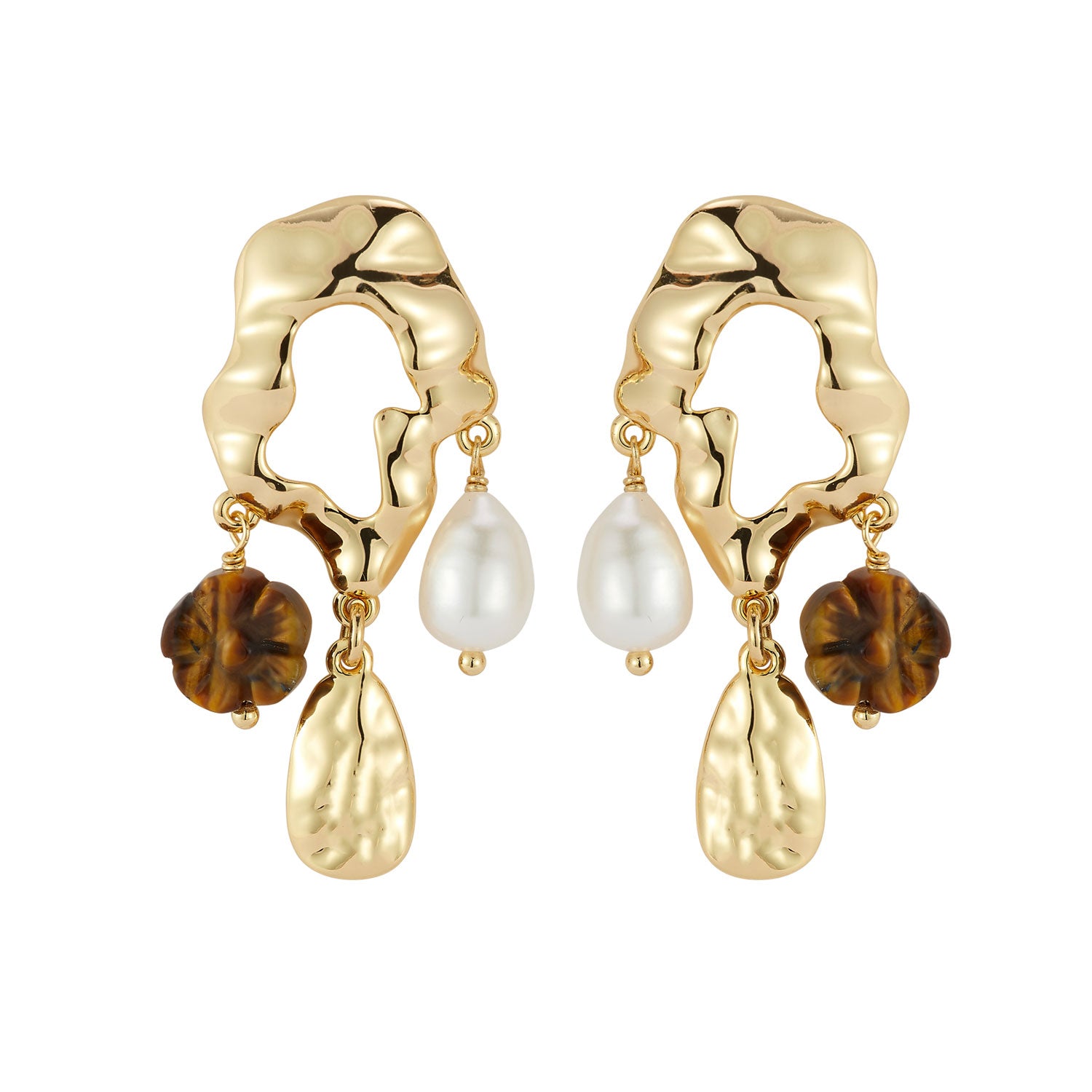 Gold, Pearl and Tiger's Eye Carved Flower Charm Drop Earrings on Flat White Background