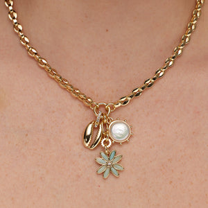 Flower, Shell, and Pearl Charm Necklace on Model