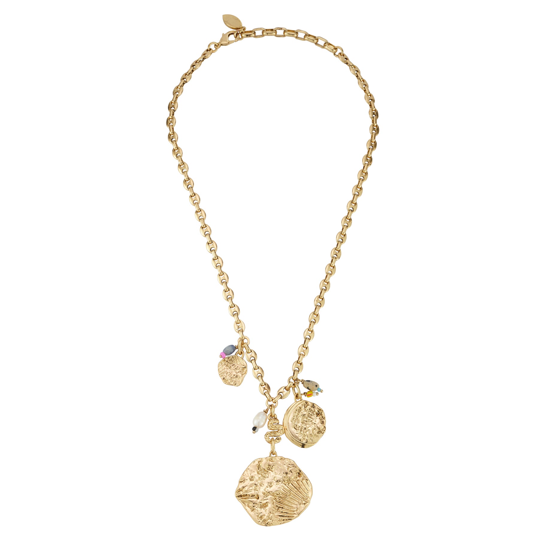 Gold Coin Charm Necklace on Flat White Background