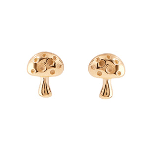 Gold Mushroom Stud Earrings on White Background