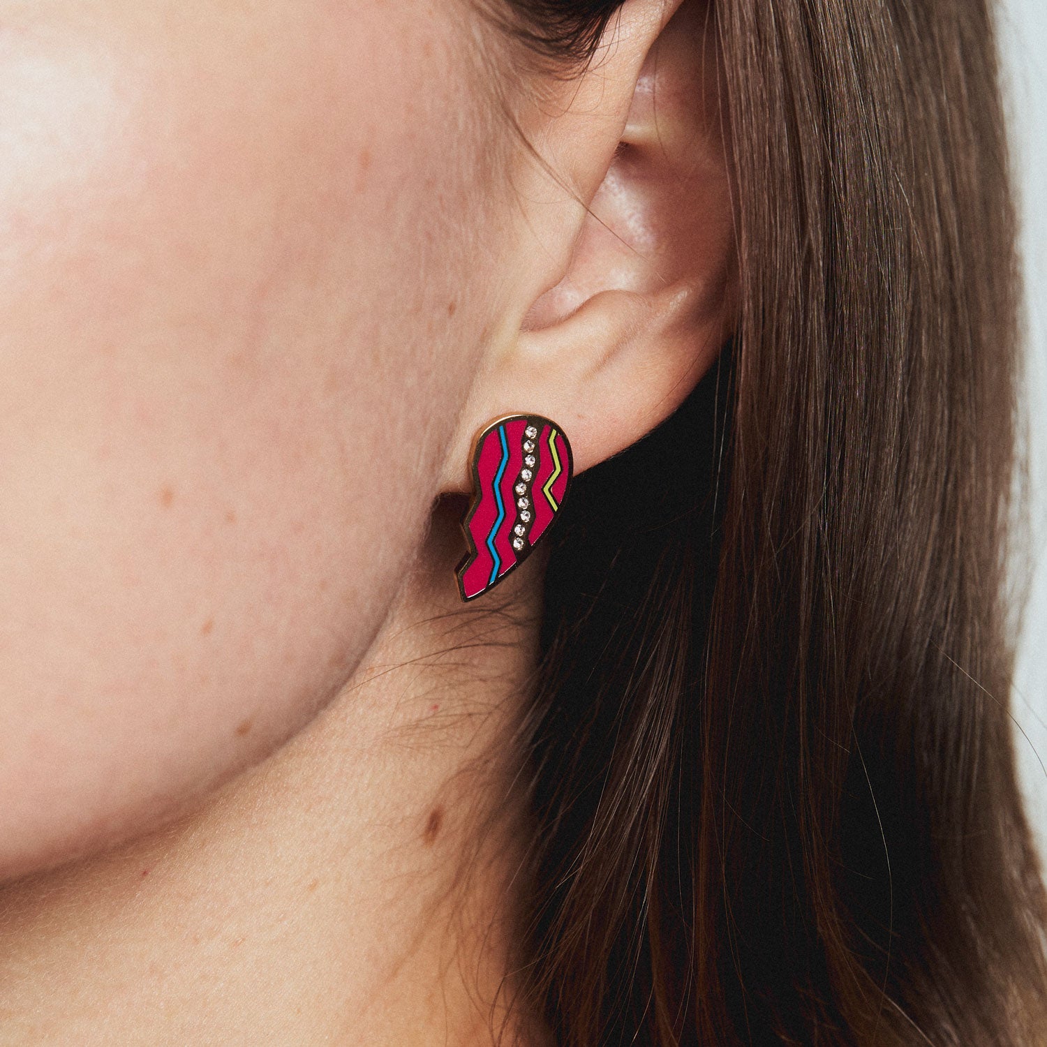 Hot Pink Enamel and Crystal Gold Heart Stud Earrings Styled on Model