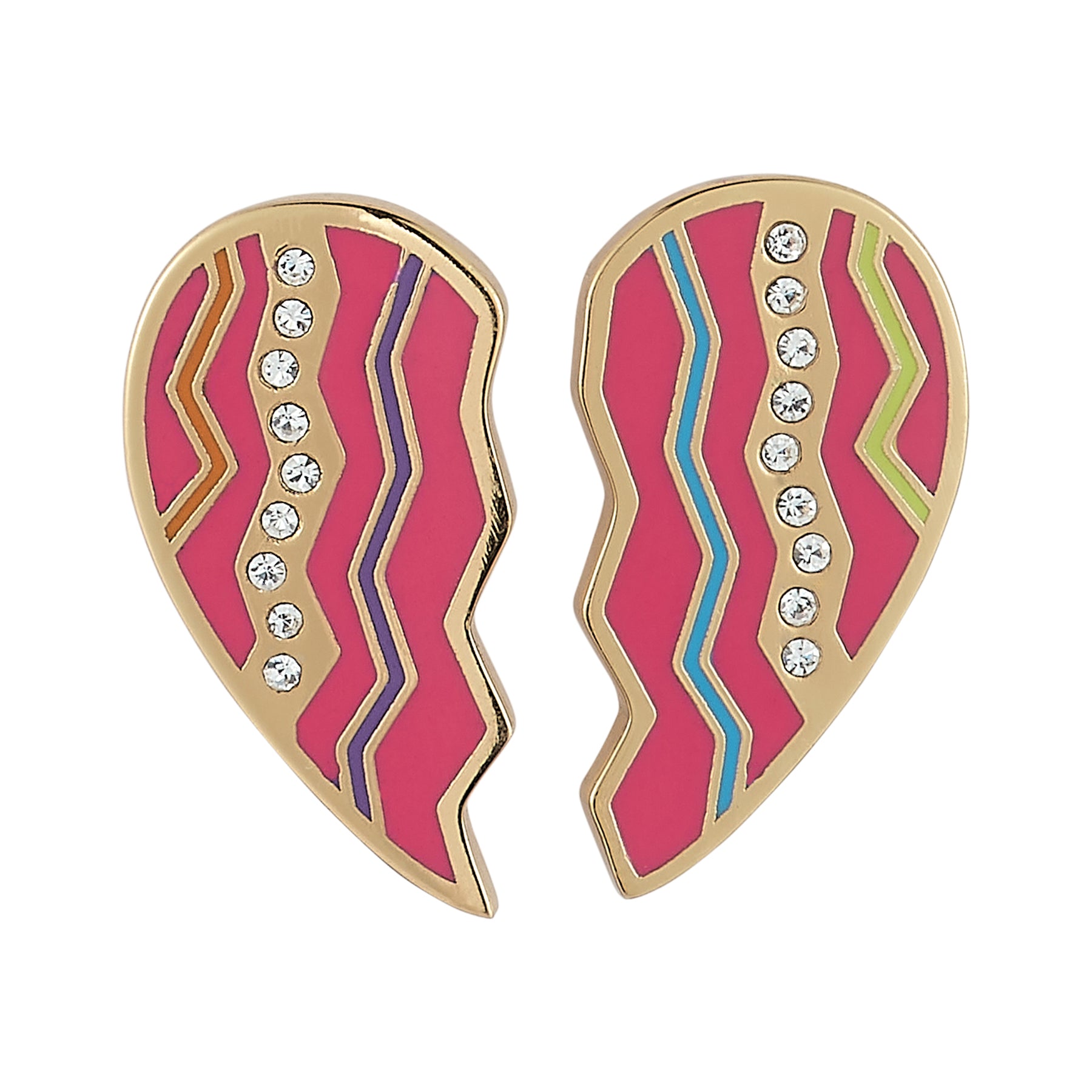 Hot Pink Enamel and Crystal Gold Heart Stud Earrings on Flat White Background