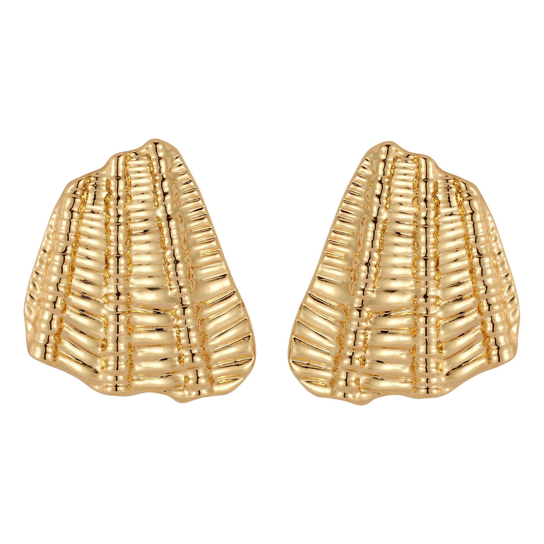 Gold Shell Stud Earrings on Flat White Background