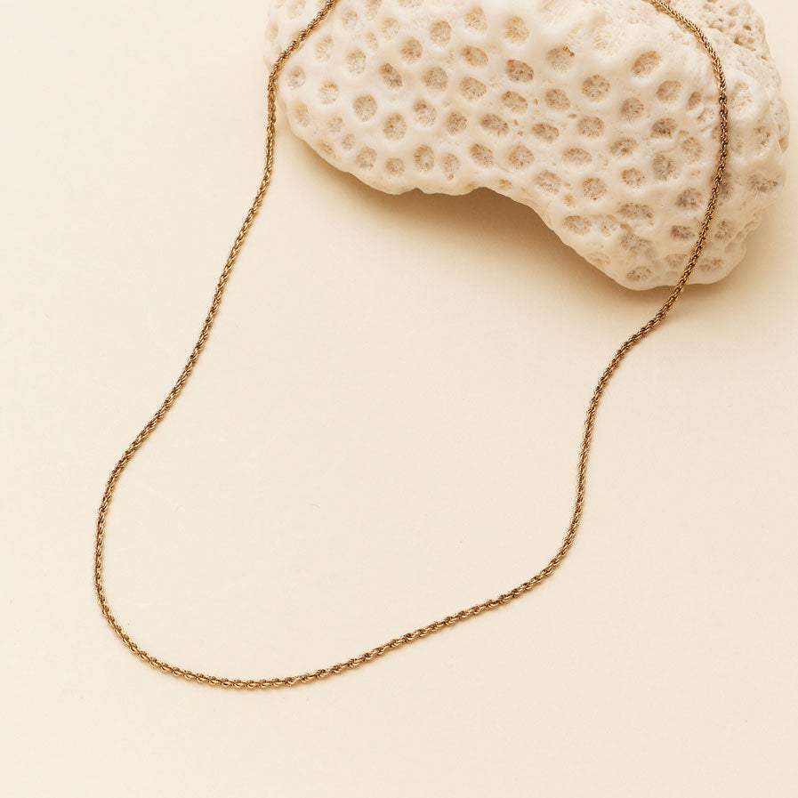 Gold Rope Chain Necklace Staged on Coral Shell with Flat Cream Surface