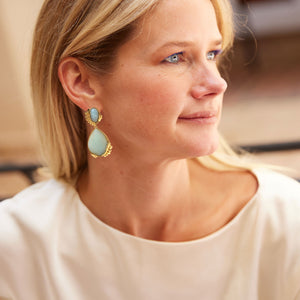 Stone and Gold Double Drop Earrings Styled on Maggie in Cream Blouse