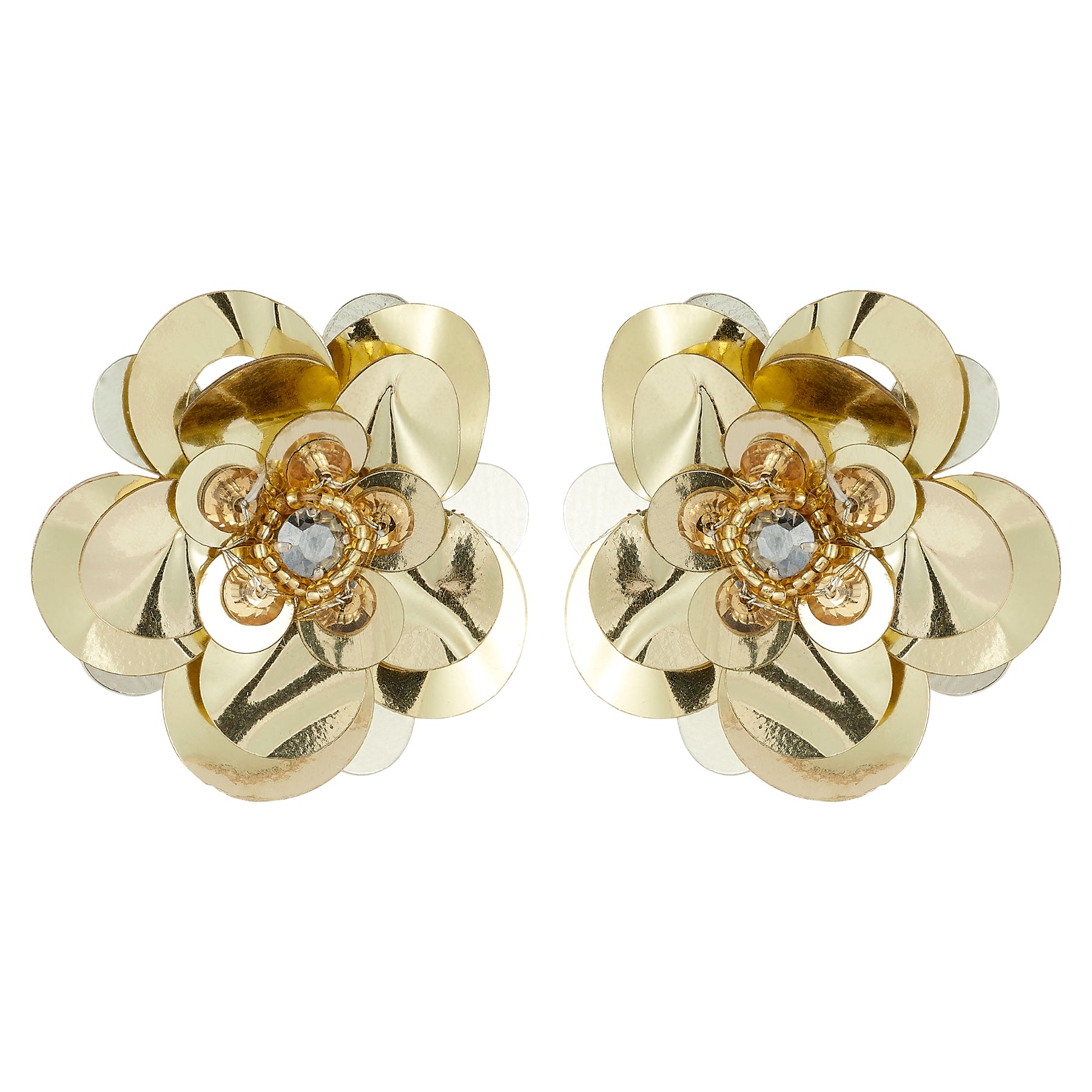 Gold flower-shaped earrings with a central gemstone on a white background