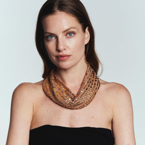 Gold Sequin and Bead Embroidered Scarf Necklace Styled on Model