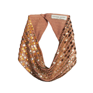 Gold Sequin and Bead Embroidered Scarf Necklace on Flat White Background