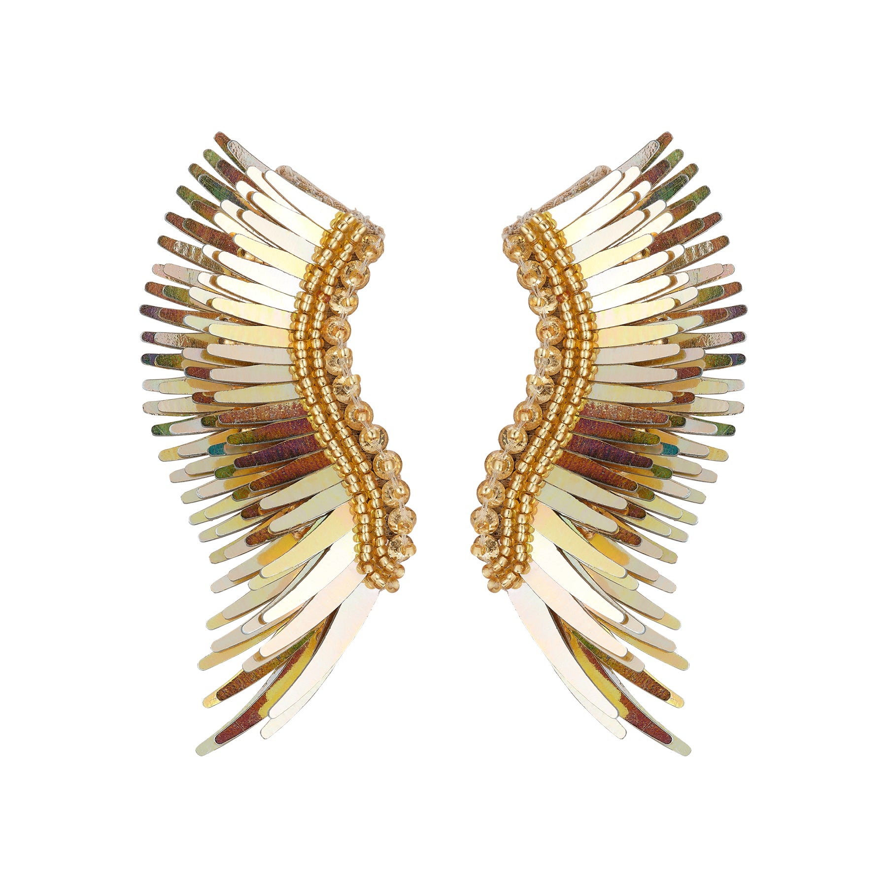 Gold Sequin Wing Stud Earrings on Flat White Background