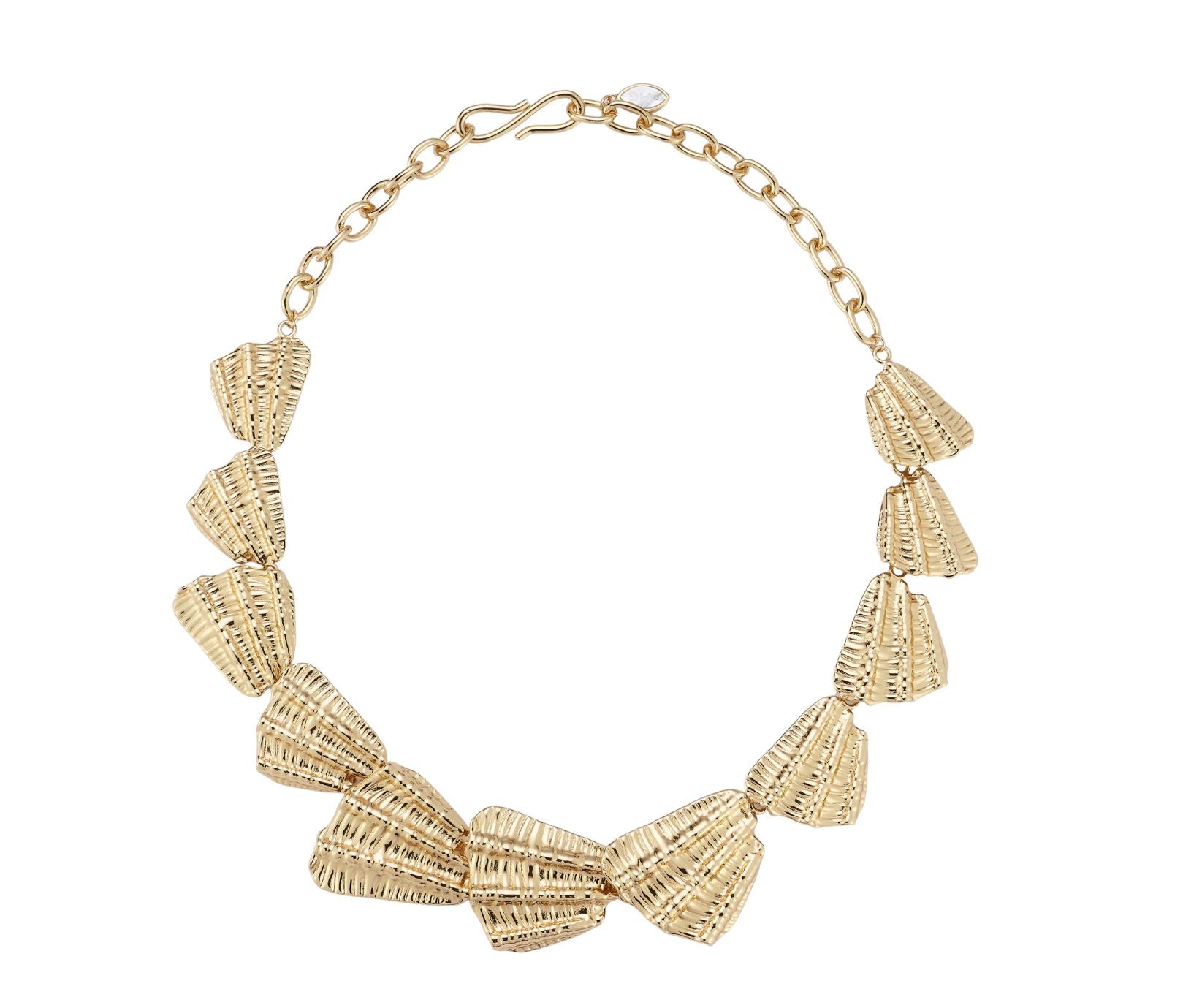 Gold Pressed Shell Necklace on Flat White Background