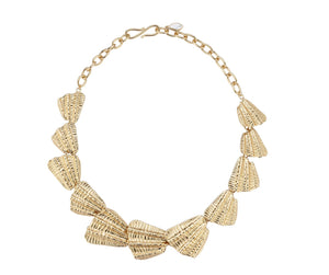 Gold Pressed Shell Necklace on Flat White Background