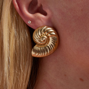 Gold Shell Stud Earrings on Model's Ear