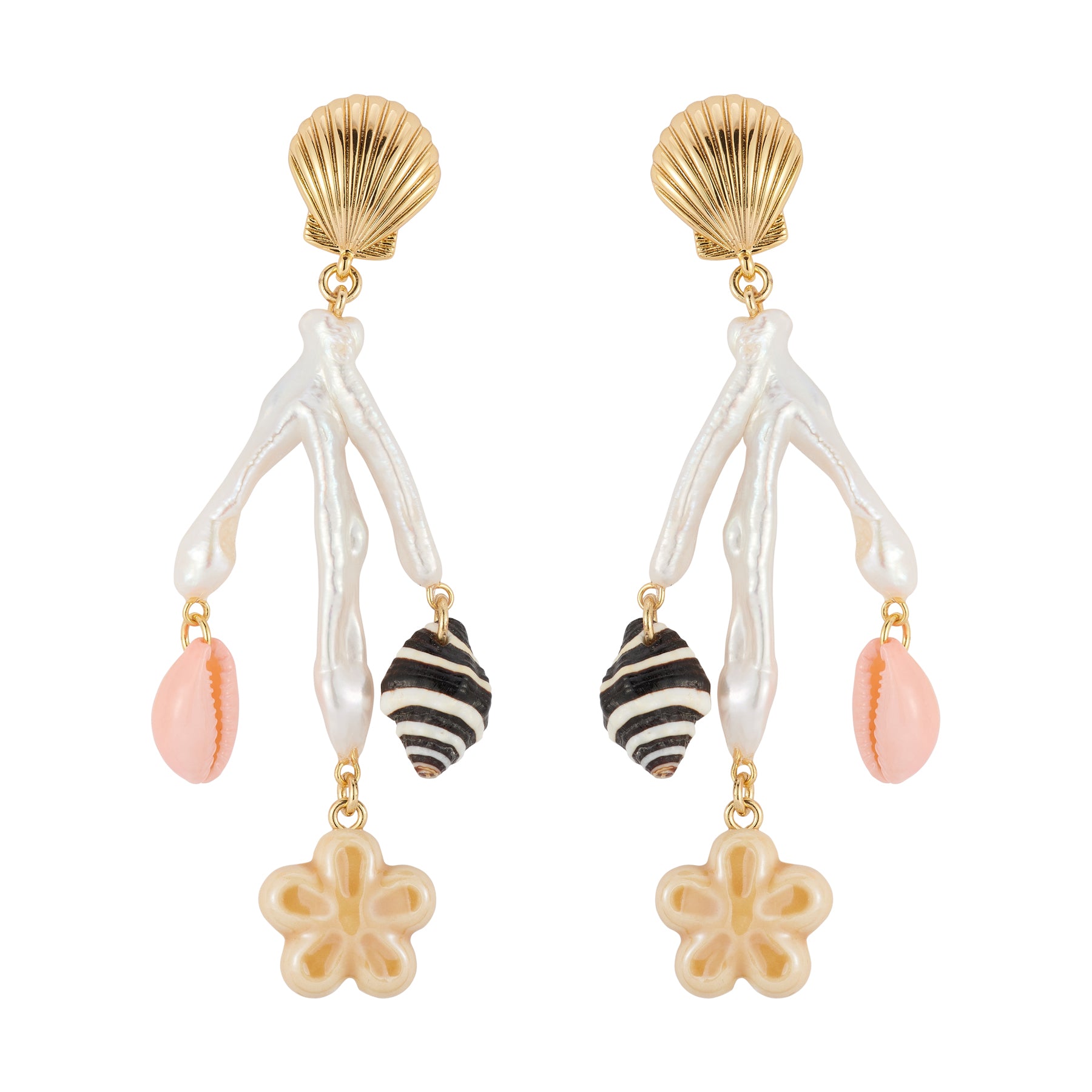 Gold, Freshwater Pearl, and Shell Charm Drop Earrings on Flat White Background