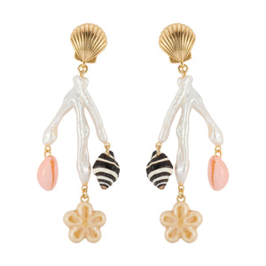 Gold, Freshwater Pearl, and Shell Charm Drop Earrings on Flat White Background