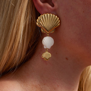 Gold and White Shells Drop Earrings on Model's Ear