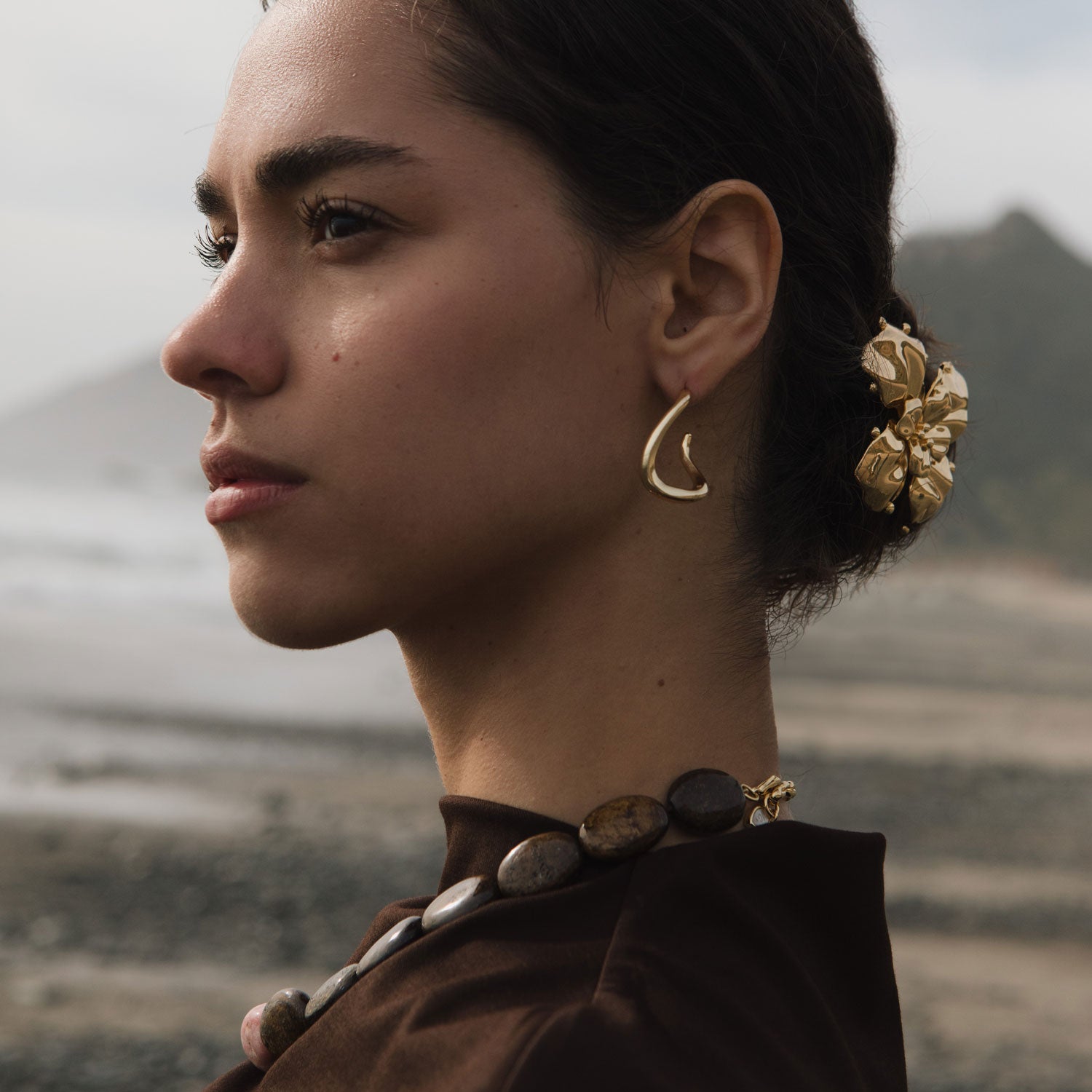 Gold Hoop Earrings Styled on Model