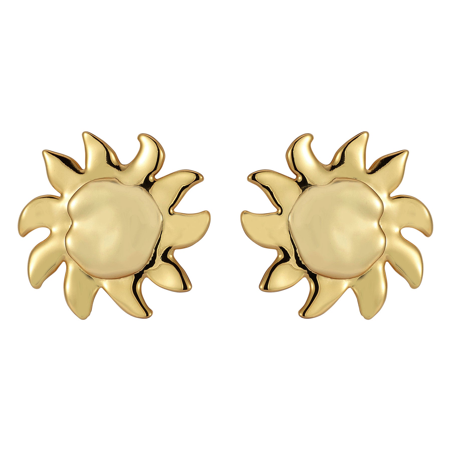 Gold Sun Stud Earrings on Flat White Background