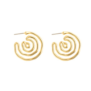 Gold Swirly Hoop Earrings on White Background