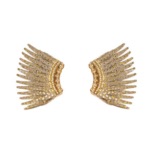 Glitter Gold Sequin and Bead Wing Stud Earrings on Flat White Background