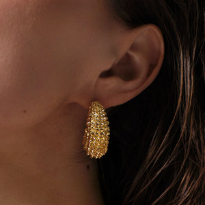 Gold Textured Hoop Earrings Styled on Model