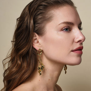 Gold Wavy Double Drop Earrings on Model