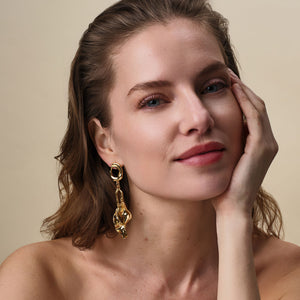 Gold Wavy Double Drop Earrings on Model