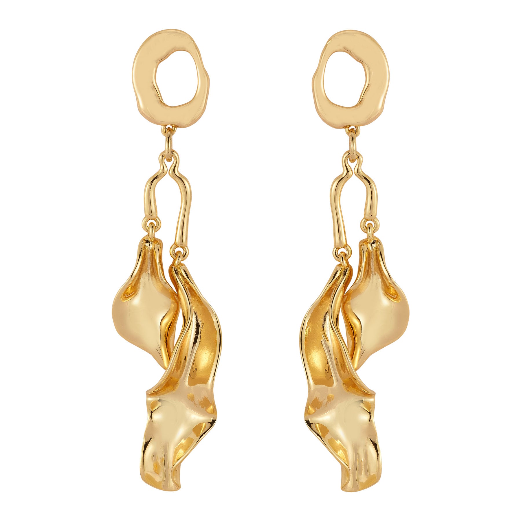 Gold Wavy Double Drop Earrings on Flat White Background